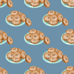 Illustration for the book. Seamless pattern. A plate of donuts. Donuts in powdered sugar