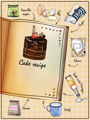 Illustration for the book. Illustrated cake recipe. The book with the ingredients