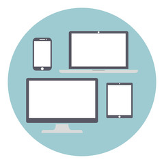 Set of computer monitors, laptops, tablets and mobile phones. Electronic gadgets, isolated background, vector illustration