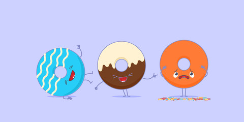 Two kawaii donuts is laughing at another one because its sprinkles has fallen.