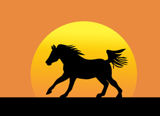 Galloping horse silhouette against setting sun