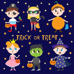 Halloween Kids. Funny Halloween costumes. trick or treat. Vector Set