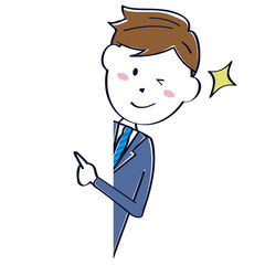 線画の青いスーツのかわいいサラリーマン　のぞいてウィンク