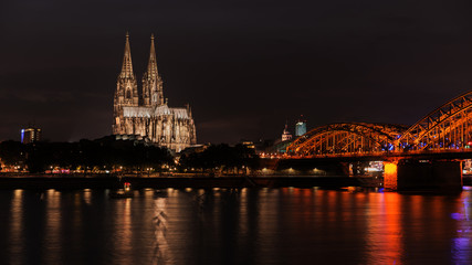 Illuminated Cologne Cathedral at night in Cologne