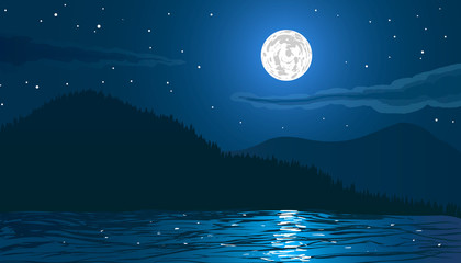 Night landscape. Beach by the sea with mountains and full moon. Vector illustration.  - 123291588
