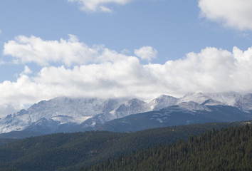 New mantle of snow on Pikes Peak Colorado after an early autumn snowstorm in Woodland Park.