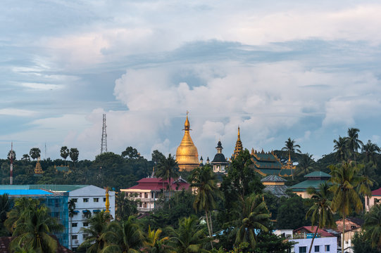 aerial view of Maha Wizara Pagoda, Top of golden stupa, Yangon, Myanmar.