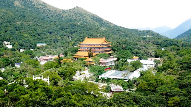 Panning shot of Po Lin Monastery, temple in Lantau island, Hongkong