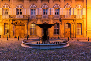 A fountain in Aix-en-Provence, France on a spring evening.  