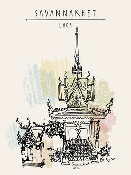 Buddhist temple in Savannakhet, Laos, Southeast Asia. Vertical vintage hand drawn touristic postcard