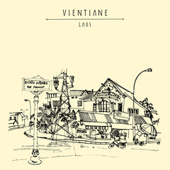 Old French colonial house in Vientiane, capital of Laos, Southeast Asia. Vintage hand drawn touristic postcard