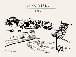 Bridge, riverside and a guesthouse in Vang Vieng, Laos, Southeast Asia. Vintage hand drawn touristic postcard or poster
