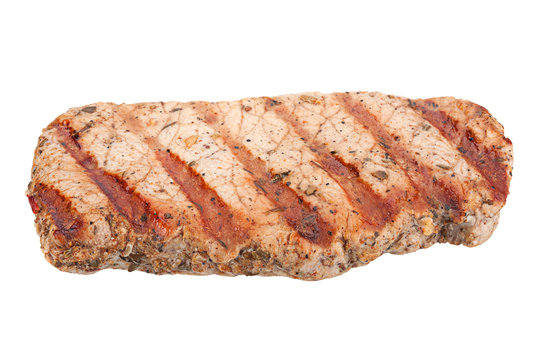 Pork steak closeup isolated on white background