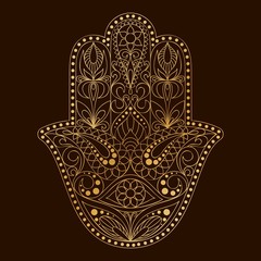 Hand drawn Hamsa symbol.  Hand of Fatima. Ethnic amulet common in Indian, Arabic and Jewish cultures. Golden Hamsa symbol with eastern floral ornament.