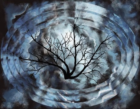 Symbole de l'hiver&nbsp;: branche d'arbre, ciel nuageux et glacial et arri&egrave;re-plan en polyscape