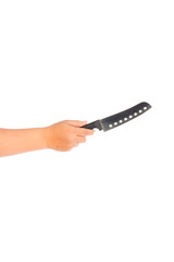 The hand holding the knife on white background