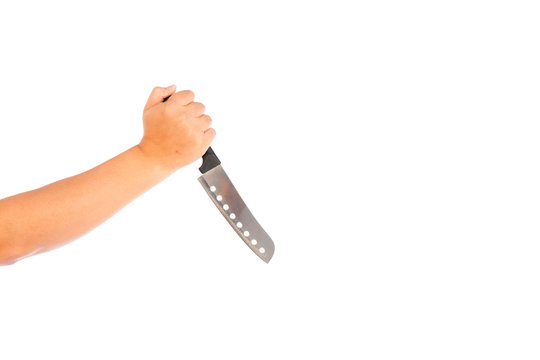 The hand holding the knife on white background