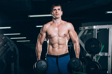 Fototapeta na wymiar sport, fitness, lifestyle and people concept - Muscular bodybuilder guy doing exercises with dumbbells in gym.