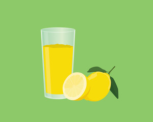 lemon smoothie juice with fruit and a glass of the smoothies with flat style