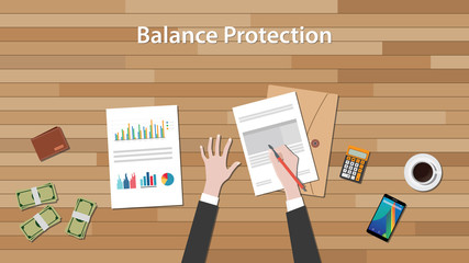 balance protection concept with business man work on paper document  chart and graph  top of wooden table