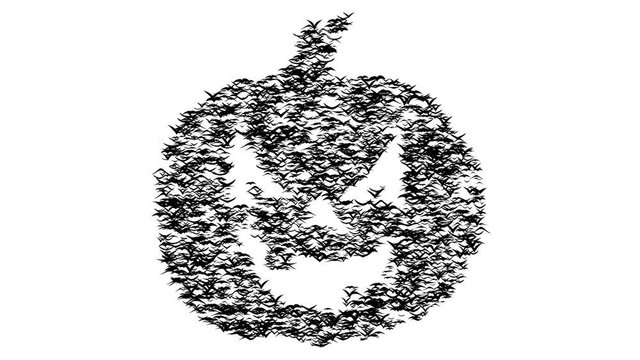 A flock of flying birds forms pumpkin. Jack-o'-lantern formed by birds. 3D flock of birds, presentation for Halloween, looping animation.