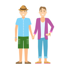 Isolated gay couple. Two handsome cartoon men standing on white background and holding hands. Happy homosexual relationship.