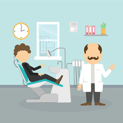 Dentist with patient. Silhouettes of dentist with moustache and male patient at dental cabinet. Dental care and hygiene.