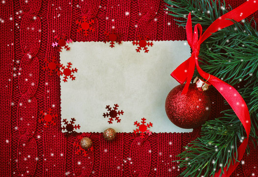 Christmas Red Knitted Background With Snow