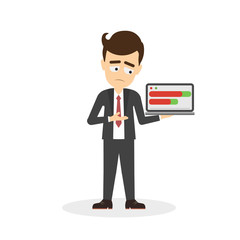 Businessman with successful business. Isolated cartoon character with chart board and statistics. Progress data. Making profit.