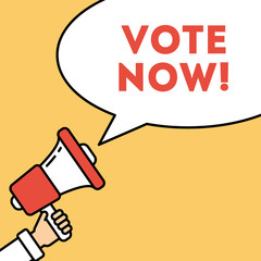 Vote now concept. Hand with megaphone on bright orange background with speech bubble. Presidential campaign.