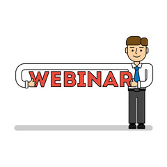 Online education concept. Funny cartoon businessman with webinar title. Idea of business webinar, distance education and more