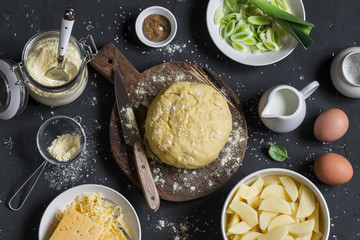 Baking ingredients - dough, potatoes, cheese, leek, cream. Cooking pie with leek, potato and cheese. On a dark background, top view