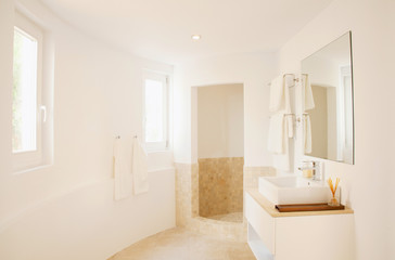 Fototapeta na wymiar Modern Bathroom interior. Beautiful Large Bathroom in Luxury Home