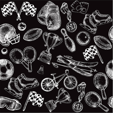 hand drawn sketch illustration sport items seamless pattern