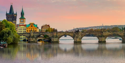 Tuinposter Panorama of Charles bridge in Prague, Czech republic, Europe © Taiga