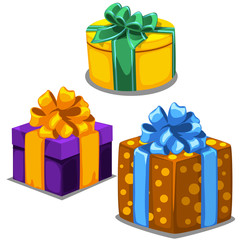 Three gift boxes with ribbons of different colors