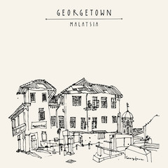Cozy colonial building and a mosque in old historical part of Georgetown, Penang, Malaysia, Southeast Asia. Eclectic style Hand drawing. Travel sketch. Book illustration, postcard or poster