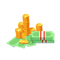 Concept cash on a white background. Vector illustration stacks of cash with pile of gold coins and bills in flat style isolated. Success and finance