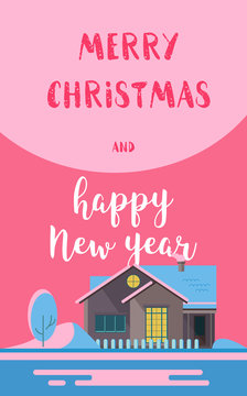 Merry Christmas vector illustration. Christmas card with a winter family house in Christmas night on pink background