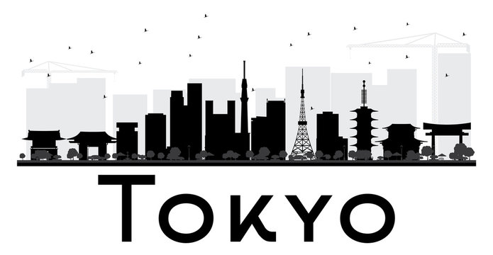 Tokyo City skyline black and white silhouette.