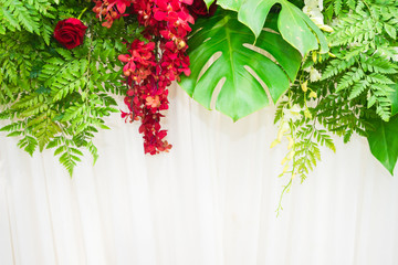 Background red flower and green leaves petals copy space for tex