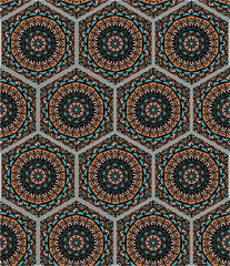Oriental seamless pattern in style of colorful floral patchwork boho chic with mandala in hexagon elements