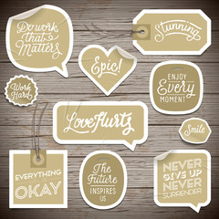 Stickers on rustic wood background