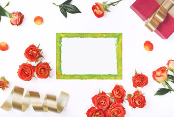 Blank card with red roses and red gift