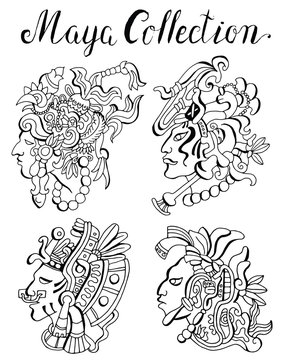 Tribal portraits of maya indians with native headdresses and ethnic hair styles