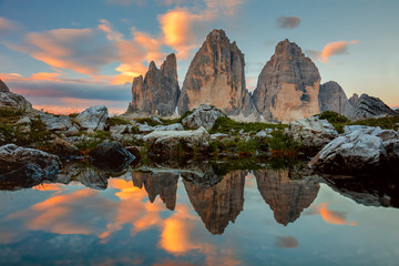 Tre Cime di Lavaredo at beautiful sunrise, Italy, Europe