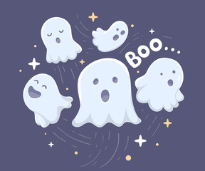 Vector halloween illustration of many white flying ghosts with e