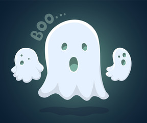 Vector halloween illustration of white flying three ghosts with