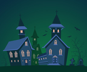 Vector halloween illustration of haunted house, cemetery, bats w