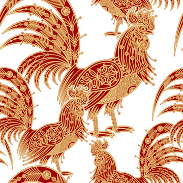 Seamless pattern with decorative roosters.